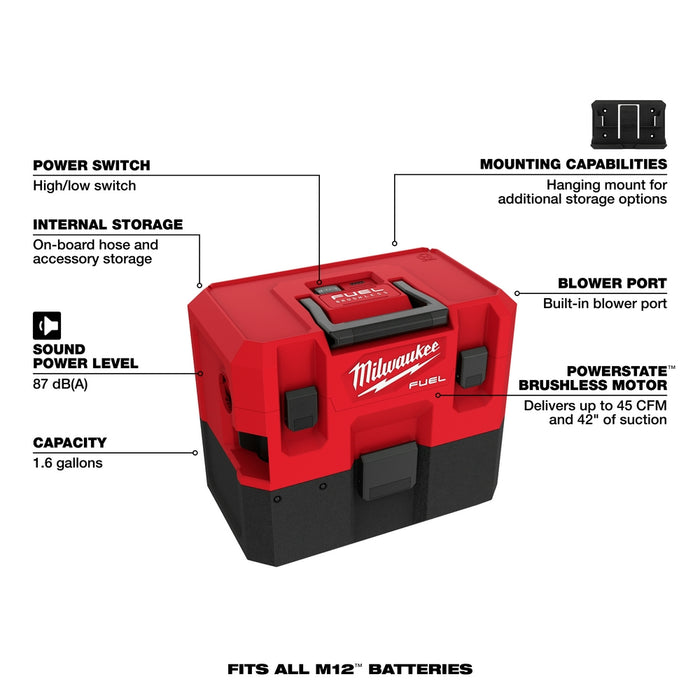 Milwaukee M12 FUEL Cordless 1.6 Gallon Wet/Dry Vacuum Kit