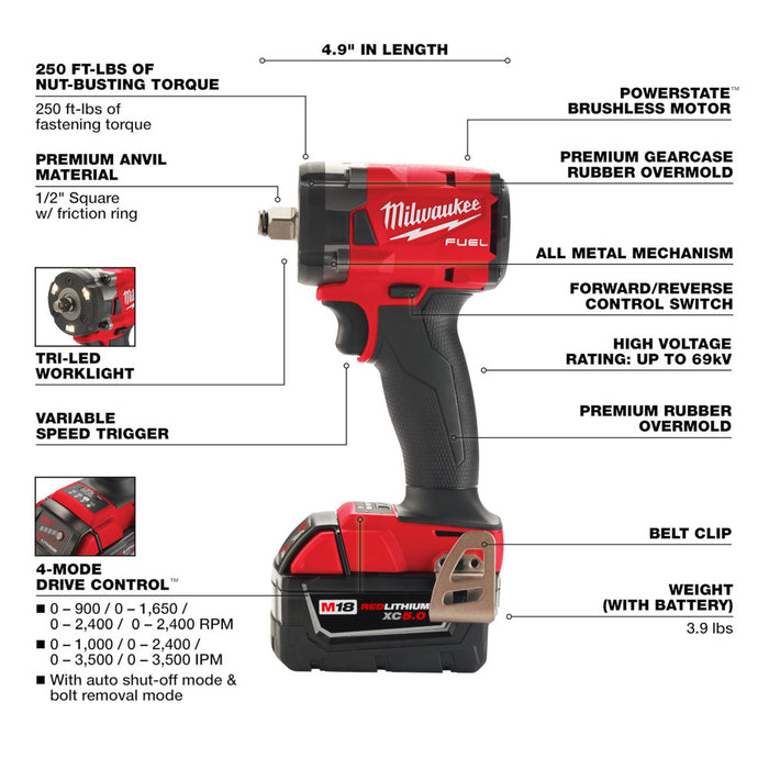 Milwaukee M18 FUEL Cordless 1/2" Compact Impact Wrench Friction Ring Kit with 5.0 AH Resistant Batteries