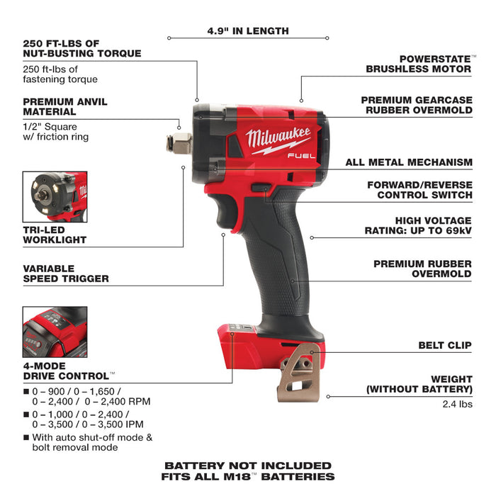 Milwaukee M18 FUEL Cordless 1/2" Compact Impact Wrench with Friction Ring - Tool Only