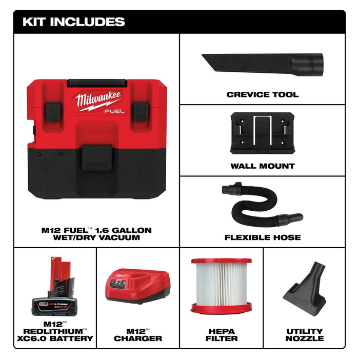 Milwaukee M12 FUEL Cordless 1.6 Gallon Wet/Dry Vacuum Kit