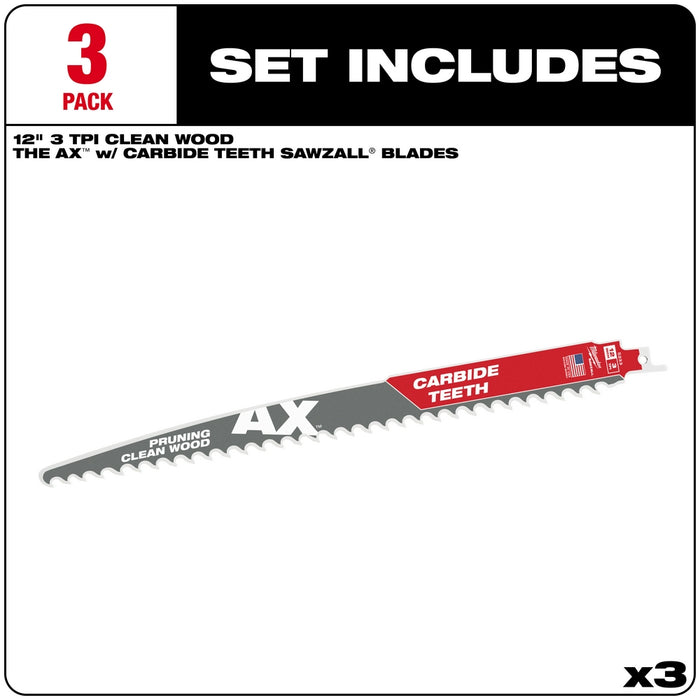 Milwaukee AX™ 12" 3 TPI The w/ Carbide Teeth For Pruning & Clean Wood SAWZALL® Blade