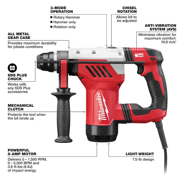 Milwaukee 1-1/8" SDS Plus Corded Rotary Hammer Kit