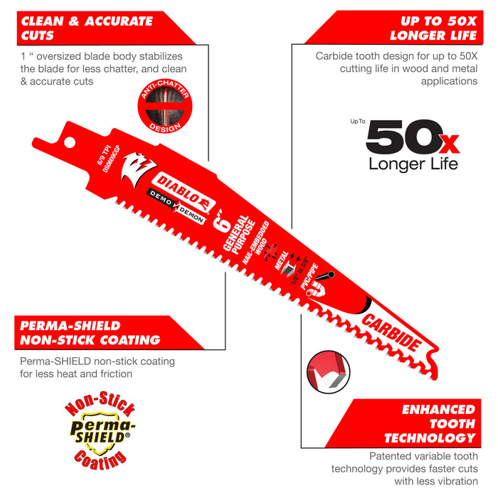 Diablo 6/9 TPI Demo Demon™ Carbide Tooth Reciprocating Saw Blade - 9"